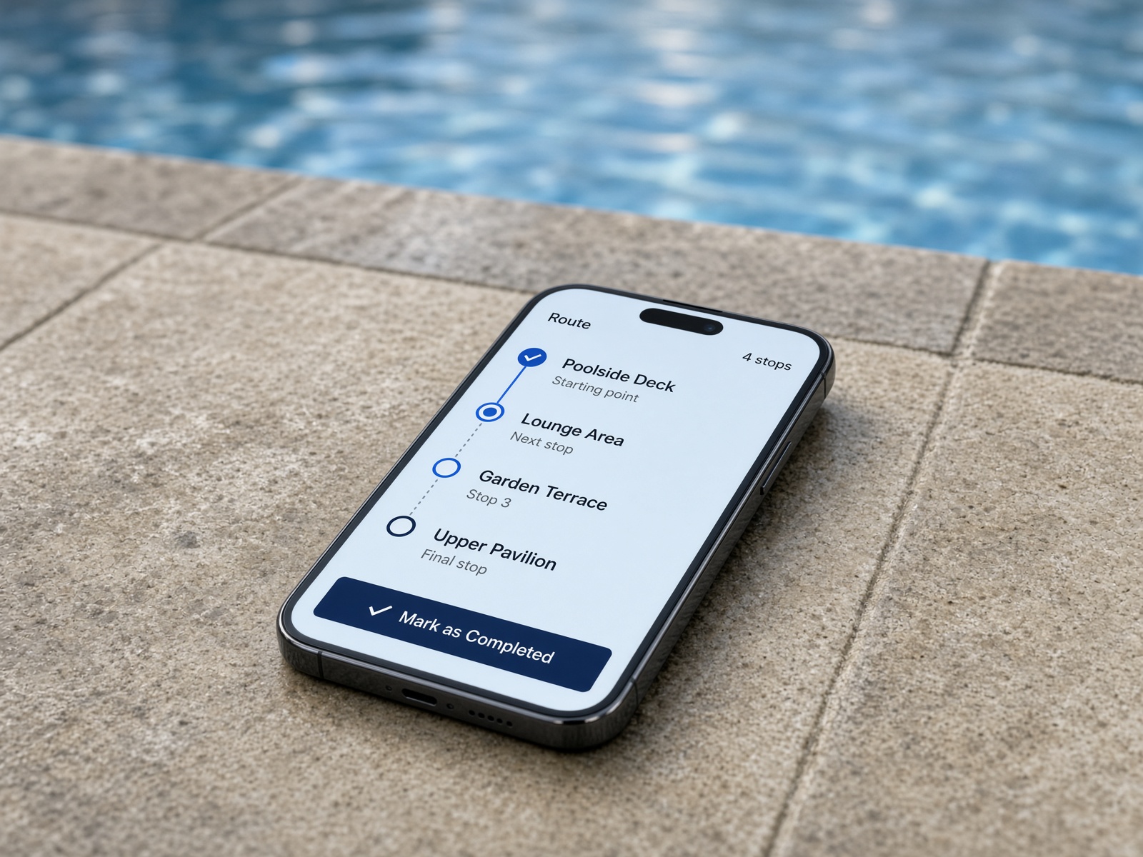 Phone on a pool deck showing a completed stop